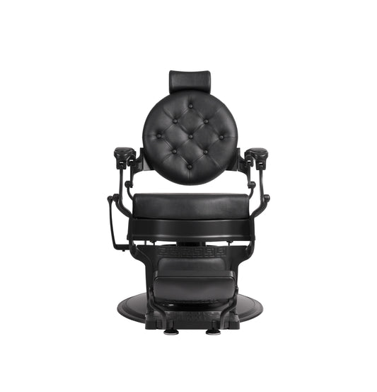 Black barber chair with tufted backrest on a white background