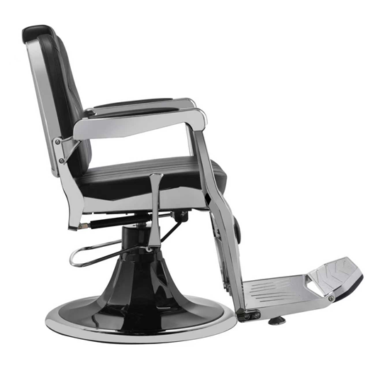 Barber chair with black seat and silver frame on a white background
