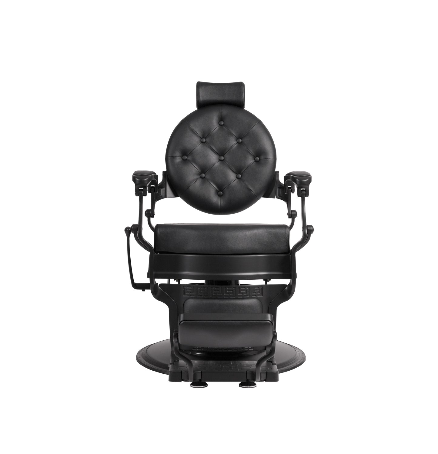 Black barber chair with tufted backrest on a white background