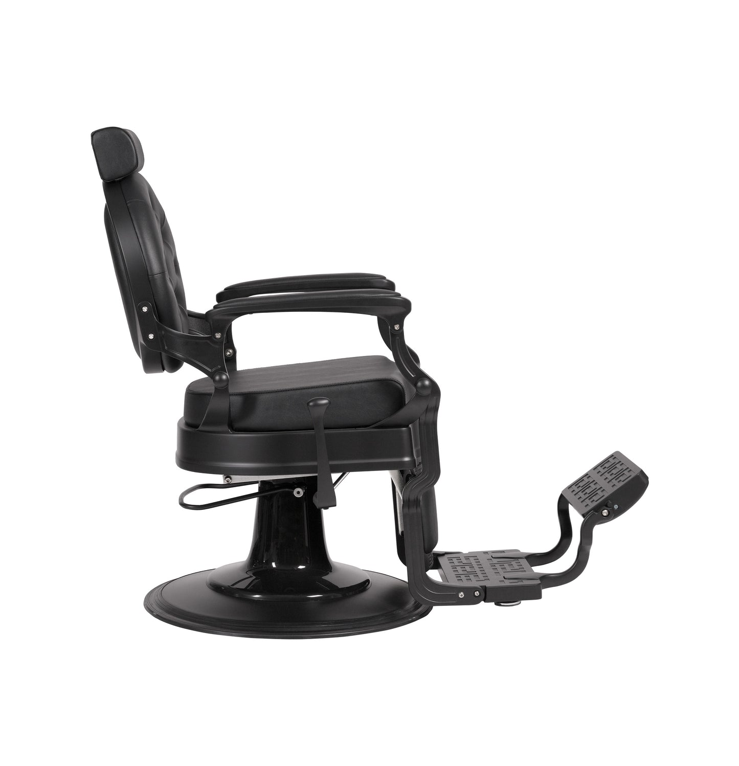Black barber chair with adjustable armrests and footrest on a white background