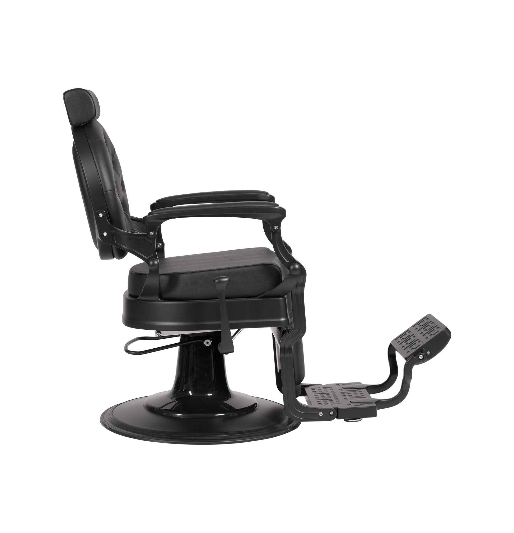 Black barber chair with adjustable armrests and footrest on a white background
