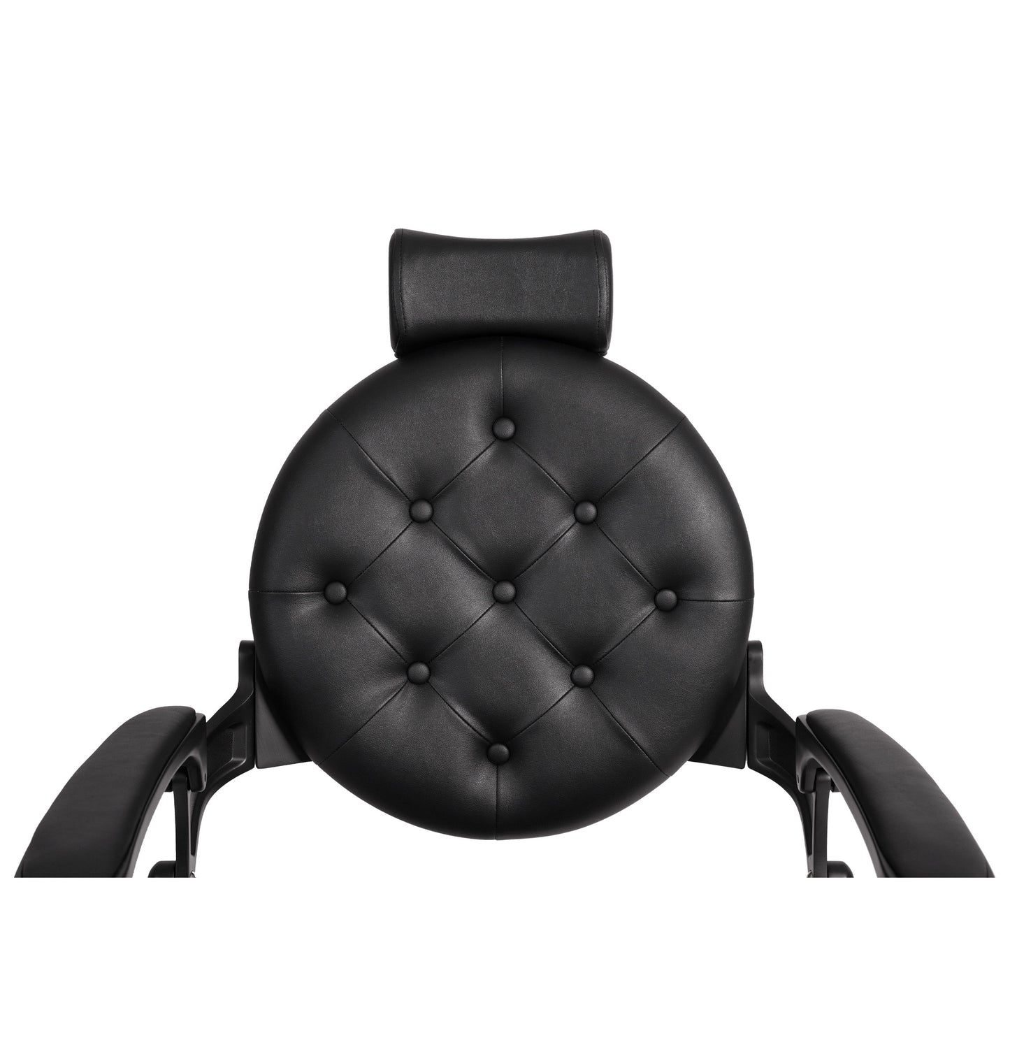 Black circular headrest with buttoned texture on a white background