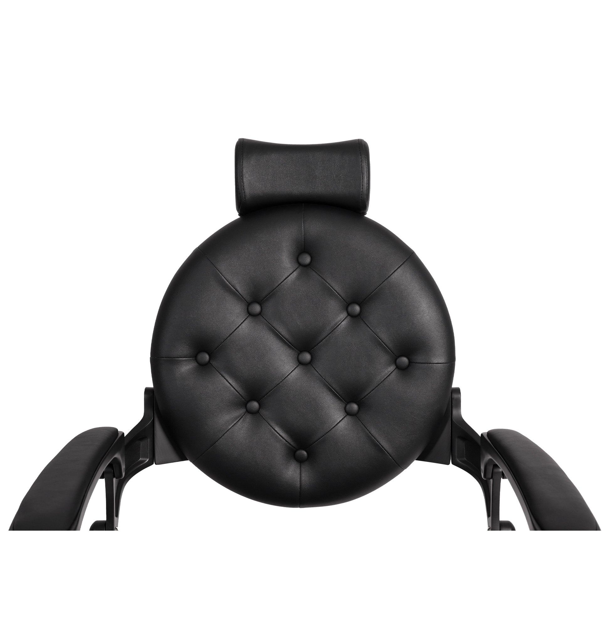 Black circular headrest with buttoned texture on a white background