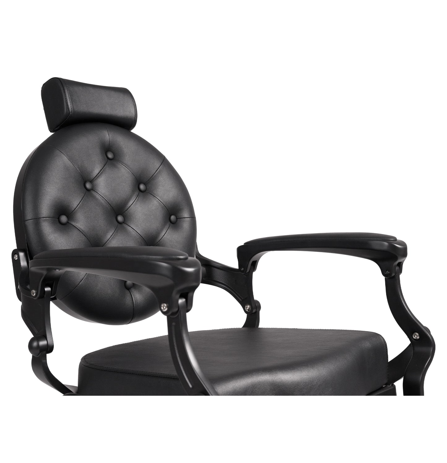 Black barber chair with buttoned backrest on a white background
