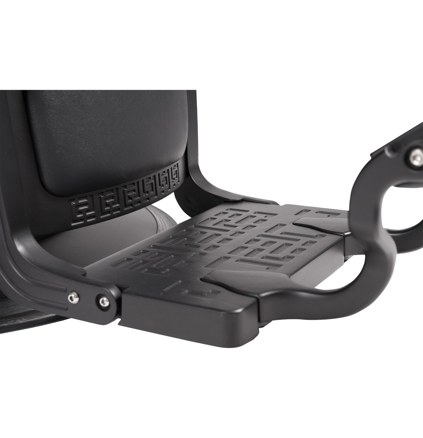 Close-up of a black motorcycle seat with textured design on a white background