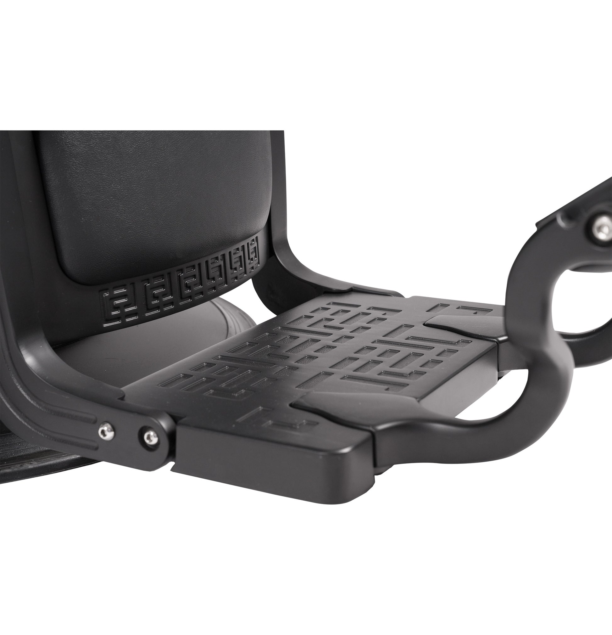 Close-up of a black motorcycle seat with textured design on a white background