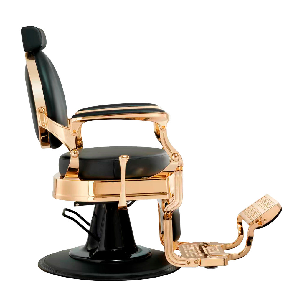 Barber chair with gold and black design on a white background