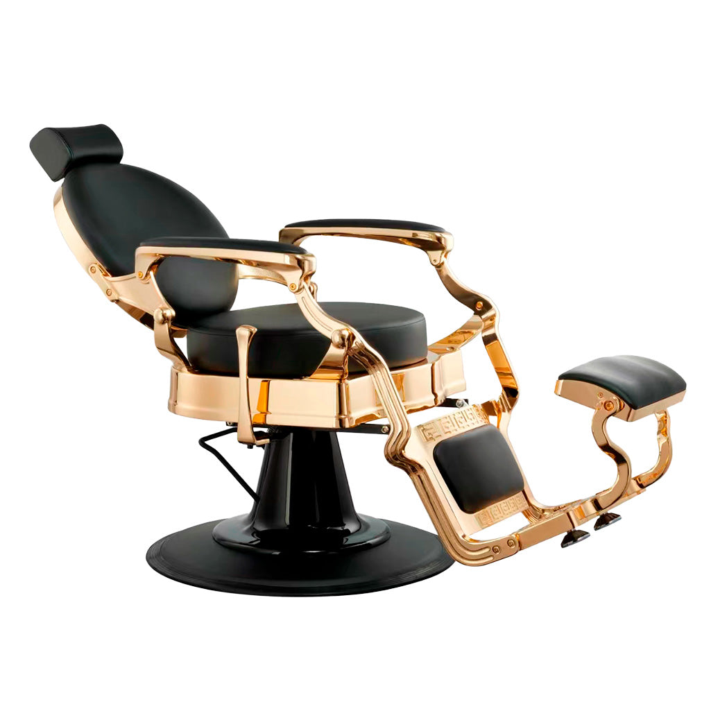 Barber chair with gold frame and black seat on a white background