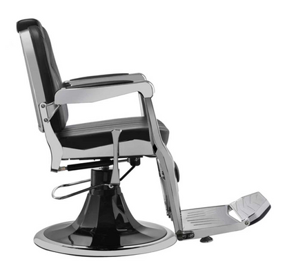 Barber chair with black seat and silver frame on a white background