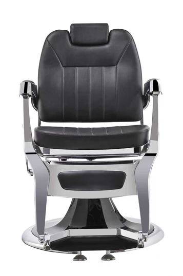 Black barber chair with chrome base on a white background