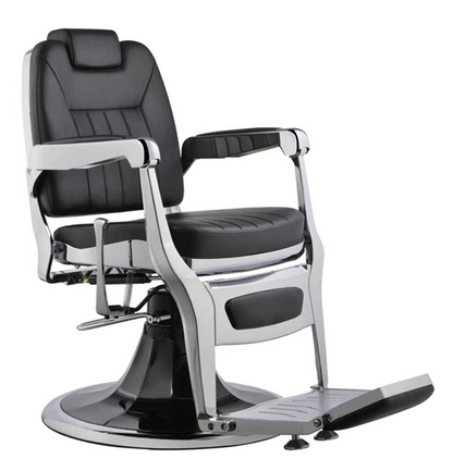 Barber chair with black leather seat and chrome frame on a white background